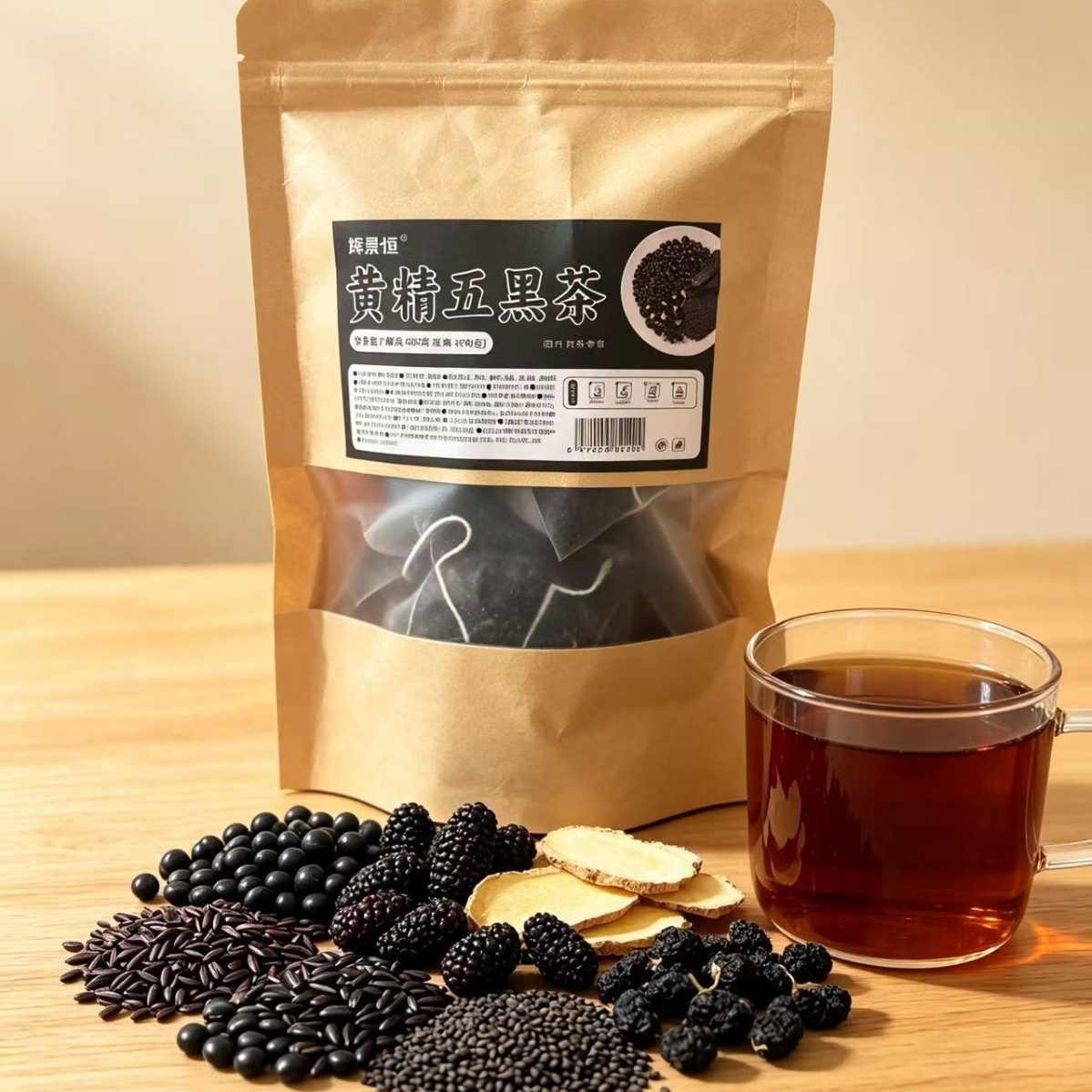 辉景恒黄精五黑茶组合袋泡茶 - 黑米黑豆桑葚黑芝麻黑枸杞