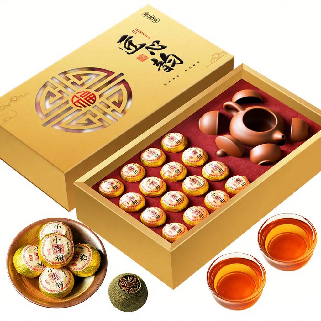 新会生晒小青柑普洱茶叶礼盒装 带茶具套装 柑普茶 160g